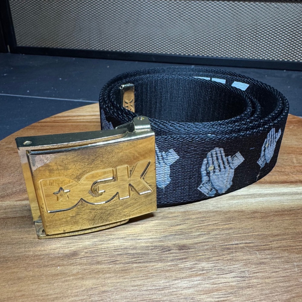 Y2K DGK Mens Black Praying Hands Web Belt Gold Flip Top Buckle Streetwear 47"